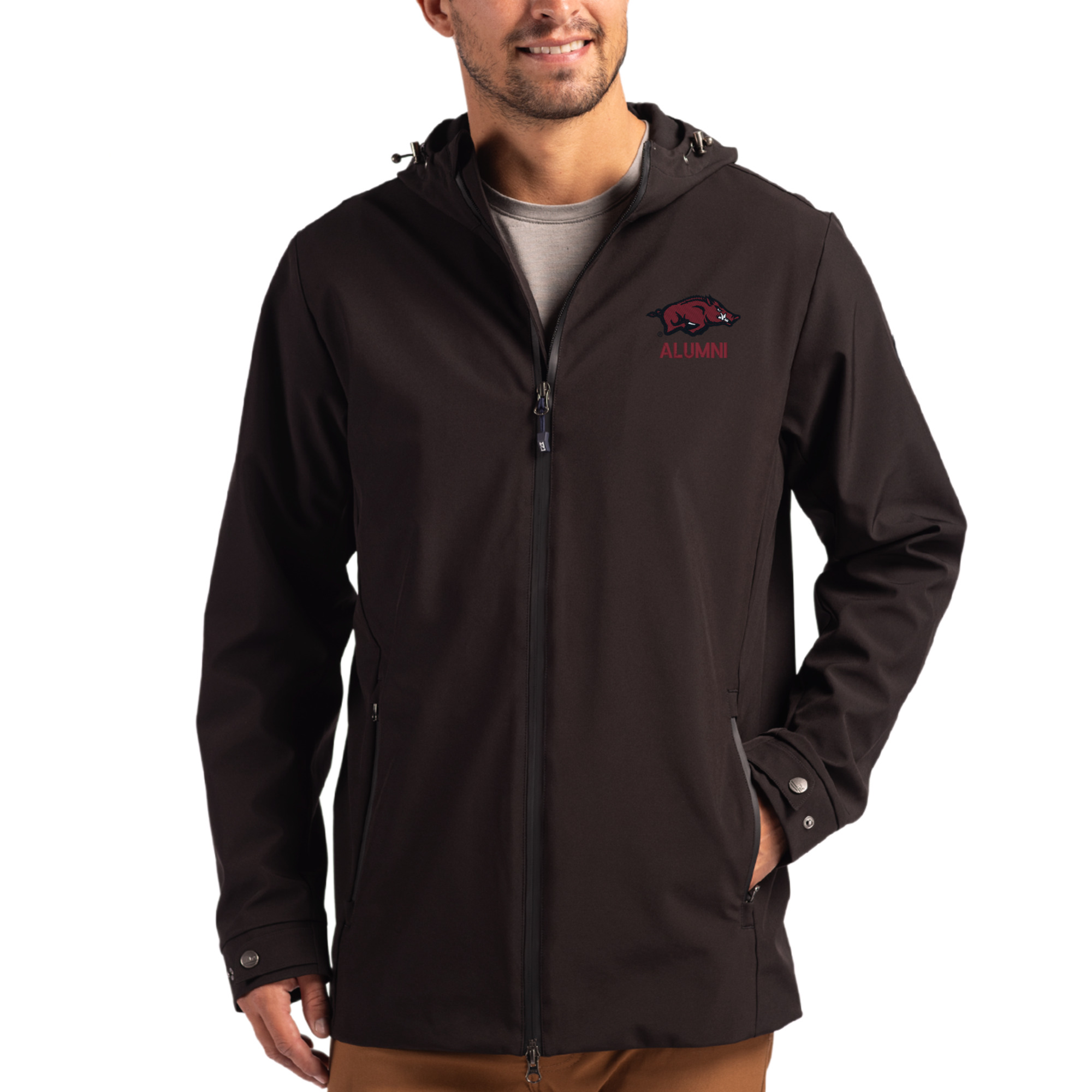 Men's Cutter & Buck Arkansas Razorbacks Alumni Logo Camano Everyday Stretch Water-Resistant Full-Zip Jacket
