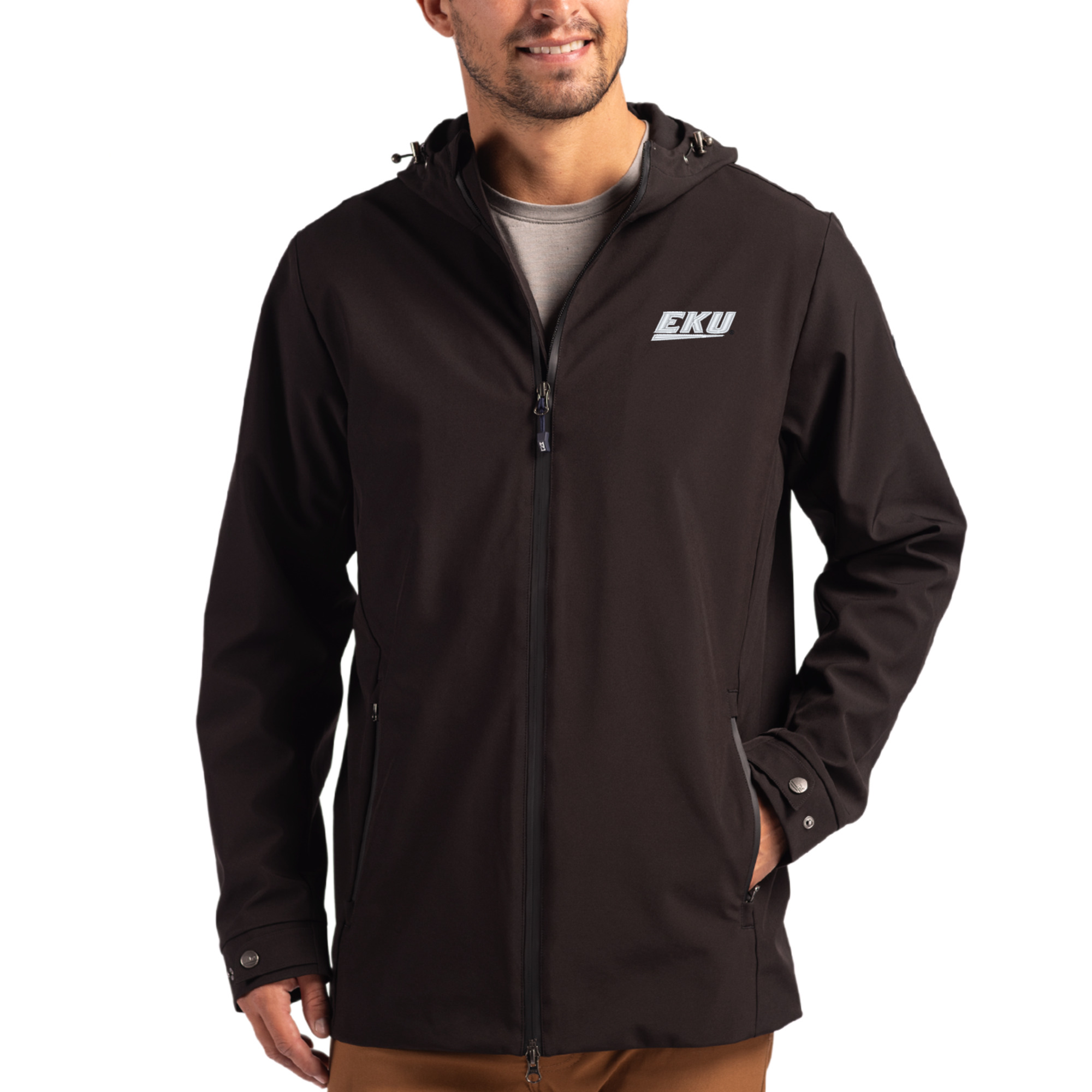 Men’s Cutter & Buck Black Eastern Kentucky Colonels Primary Logo Camano Everyday Stretch Water-Resistant Full-Zip Jacket