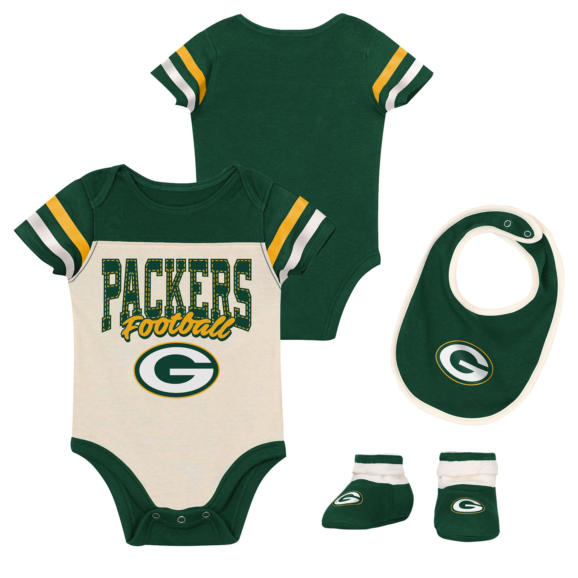 Infant & Newborn Outerstuff Green Bay Packers Up One Three-Piece Bodysuit, Bib & Booties Set