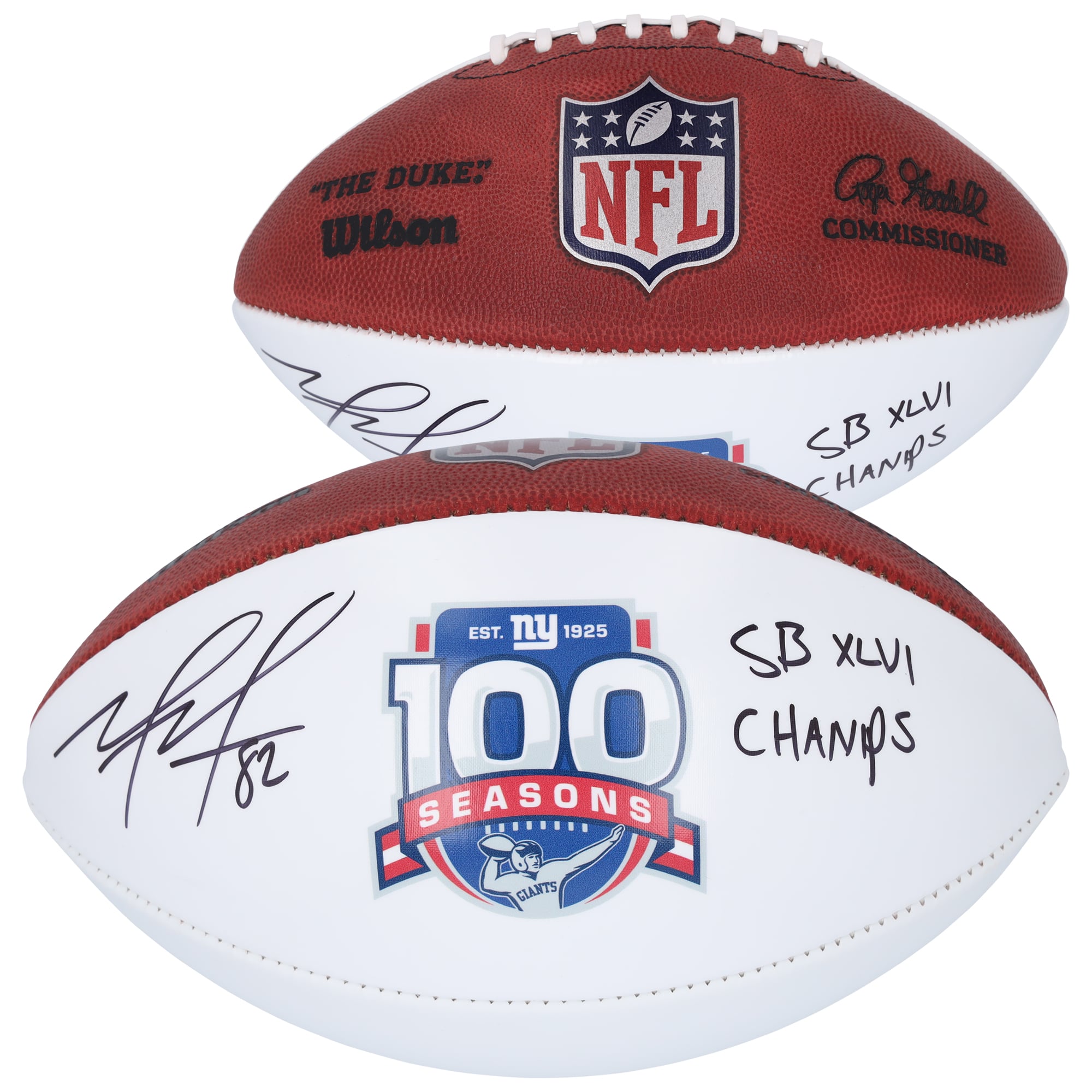 Mario Manningham New York Giants Autographed 100th Season Wilson White Panel Football with "SB XLVI Champs" Inscription