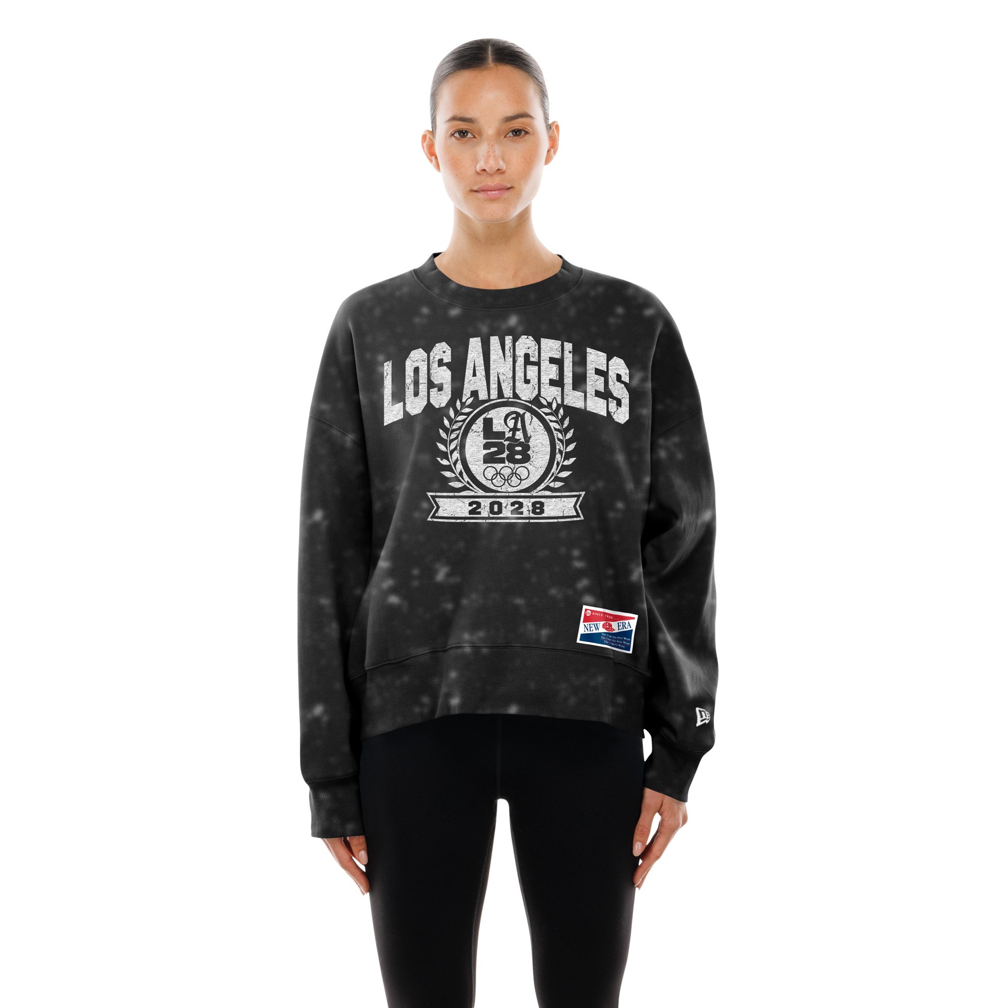 Women's New Era Black LA 2028 Summer Olympics Mineral Wash Dolman Sleeve Fleece Sweatshirt