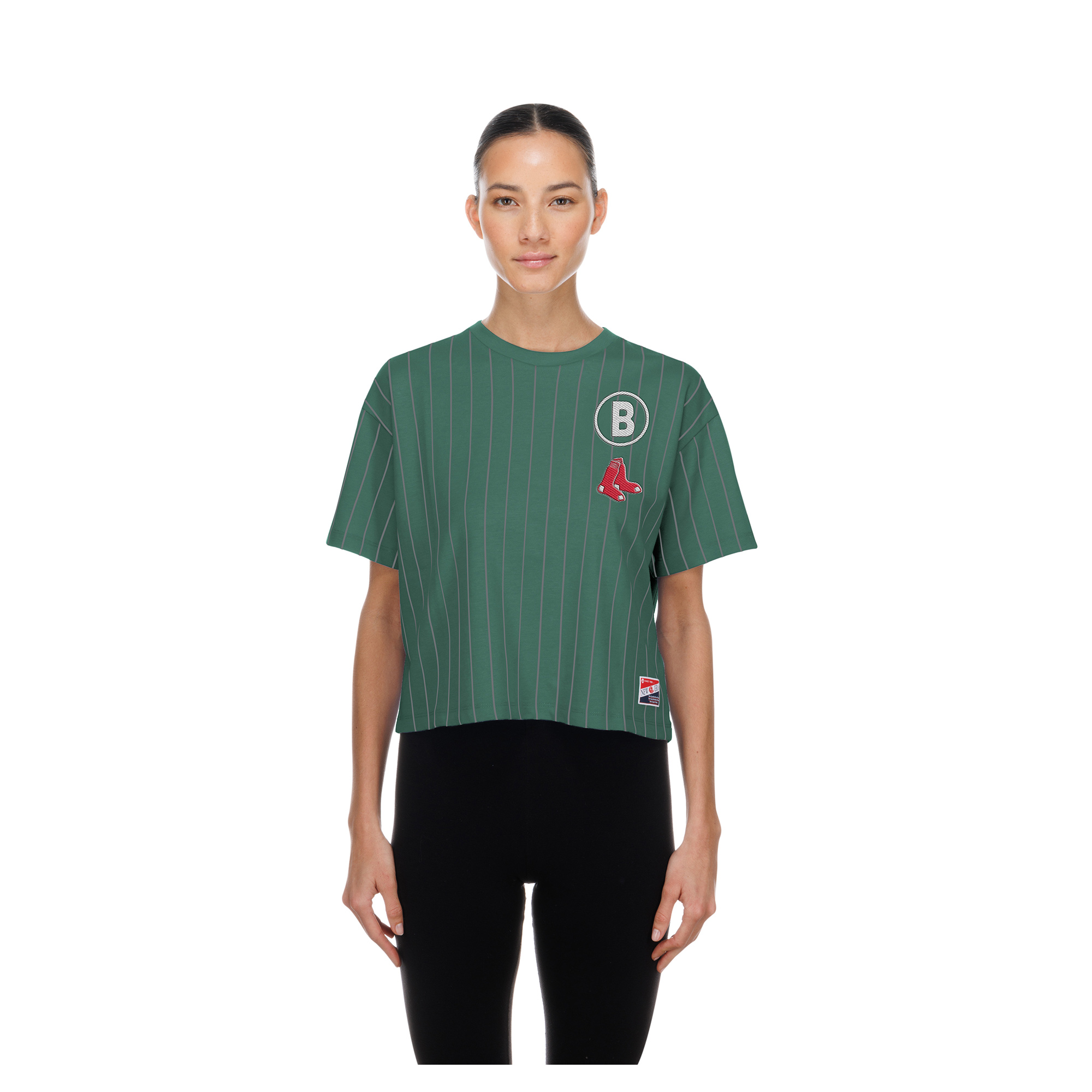 Women's New Era  Green Boston Red Sox City Connect Throwback Meshback Pinstripe Boxy T-Shirt