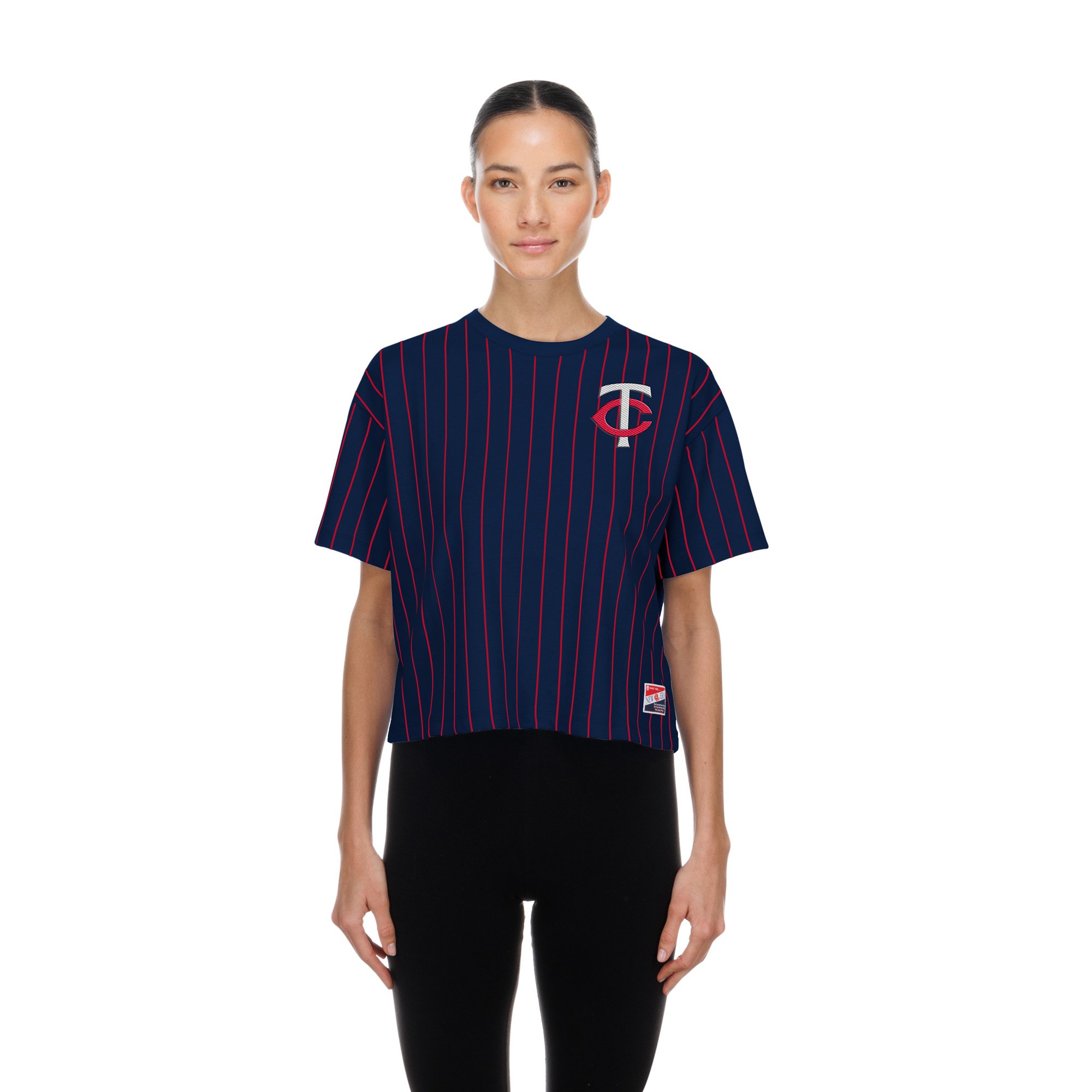 Women's New Era Navy Minnesota Twins Throwback Meshback Pinstripe Boxy T-Shirt
