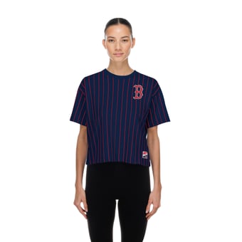 Women's New Era  Navy Boston Red Sox Throwback Meshback Pinstripe Boxy T-Shirt