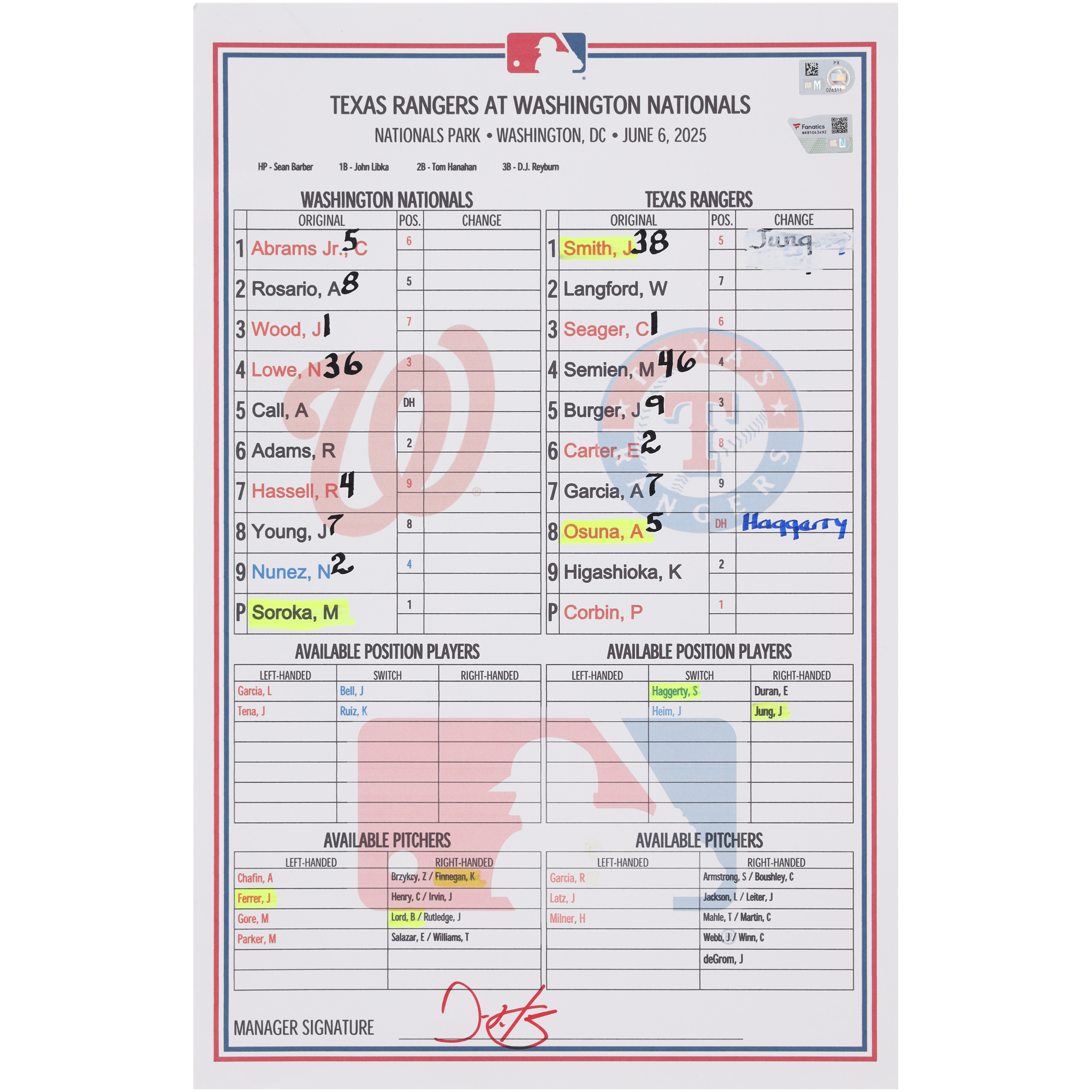 Washington Nationals Game-Used Lineup Card vs. Texas Rangers on June 6, 2025