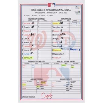 Washington Nationals Game-Used Lineup Card vs. Texas Rangers on June 6, 2025