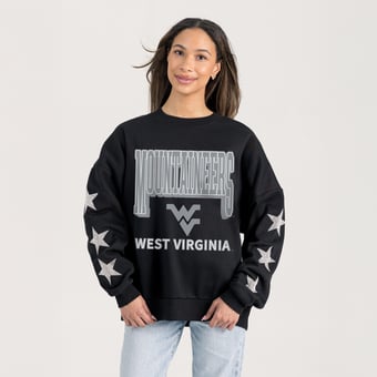 Women's Gameday Couture  Black West Virginia Mountaineers Pure Victory Relaxed Rhinestone Pullover Sweatshirt