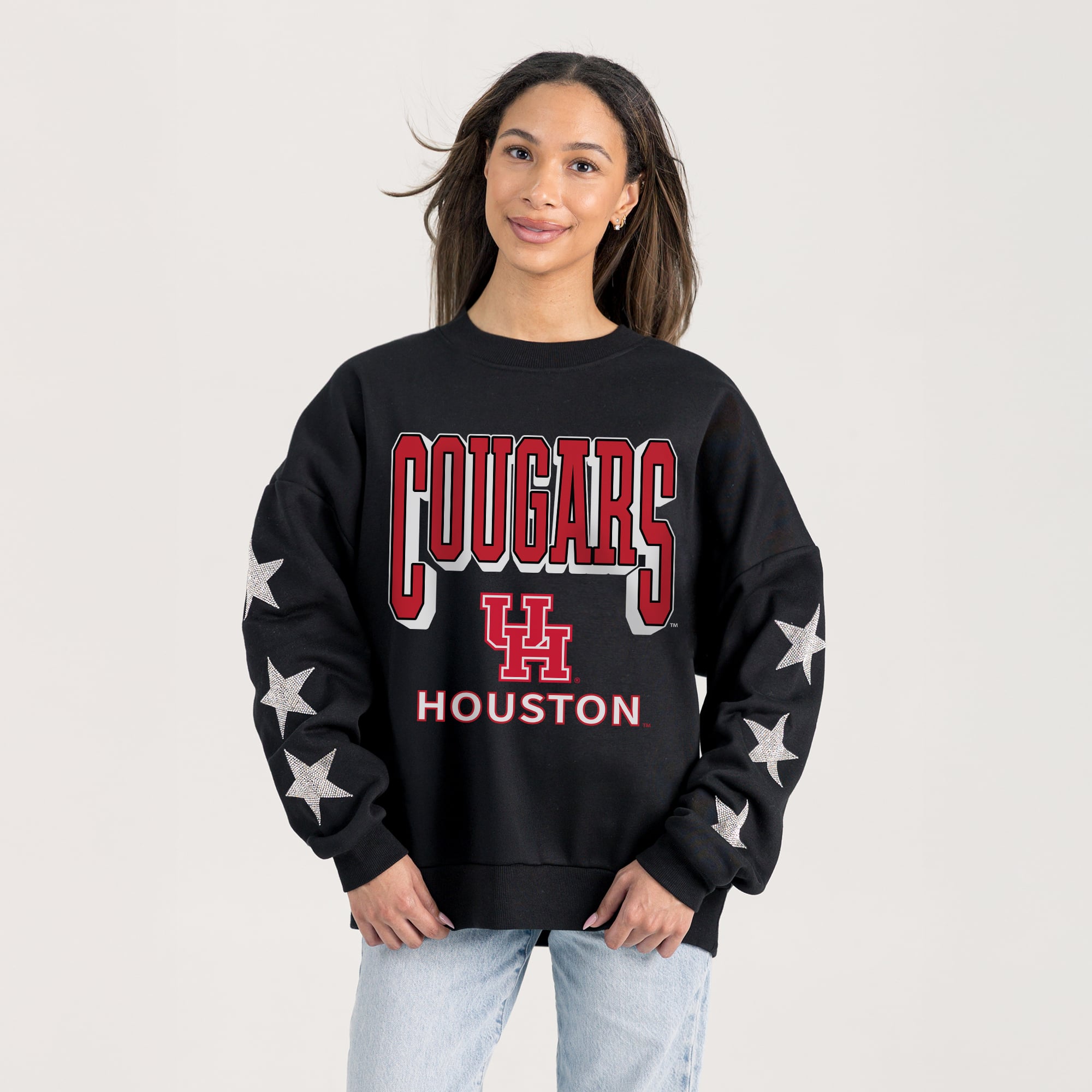 Women's Gameday Couture  Black Houston Cougars Pure Victory Relaxed Rhinestone Pullover Sweatshirt