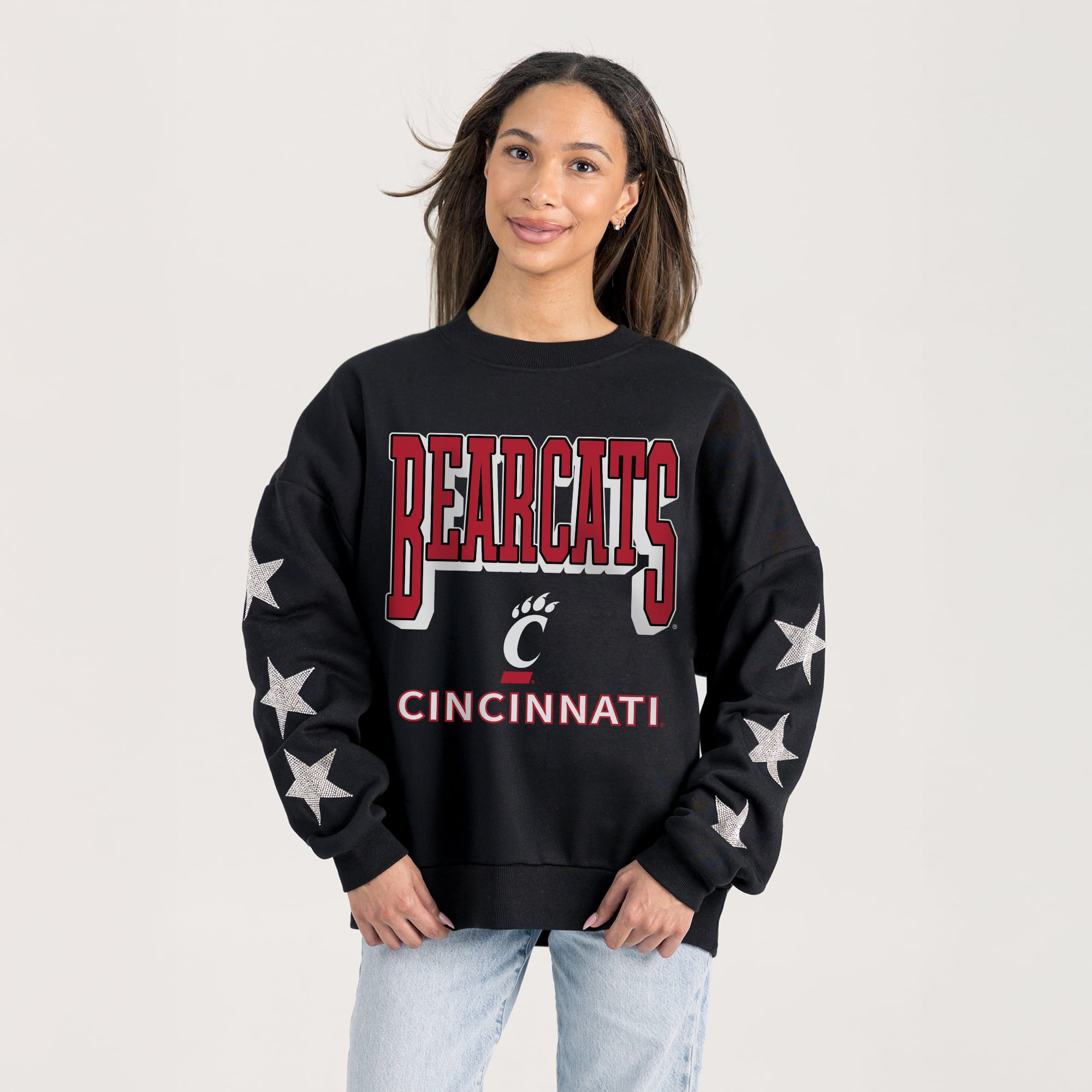 Women's Gameday Couture  Black Cincinnati Bearcats Pure Victory Relaxed Rhinestone Pullover Sweatshirt