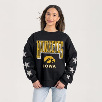 Women's Gameday Couture  Black Iowa Hawkeyes Pure Victory Relaxed Rhinestone Pullover Sweatshirt