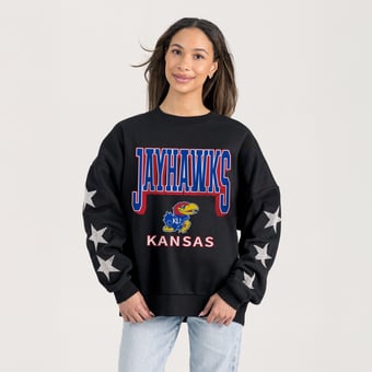 Women's Gameday Couture  Black Kansas Jayhawks Pure Victory Relaxed Rhinestone Pullover Sweatshirt