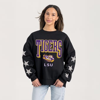 Women's Gameday Couture  Black LSU Tigers Pure Victory Relaxed Rhinestone Pullover Sweatshirt
