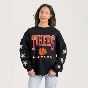 Women's Gameday Couture  Black Clemson Tigers Pure Victory Relaxed Rhinestone Pullover Sweatshirt