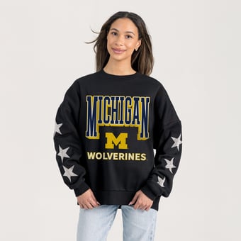 Women's Gameday Couture  Black Michigan Wolverines Pure Victory Relaxed Rhinestone Pullover Sweatshirt