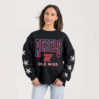 Women's Gameday Couture  Black Ole Miss Rebels Pure Victory Relaxed Rhinestone Pullover Sweatshirt