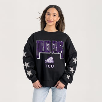 Women's Gameday Couture  Black TCU Horned Frogs Pure Victory Relaxed Rhinestone Pullover Sweatshirt