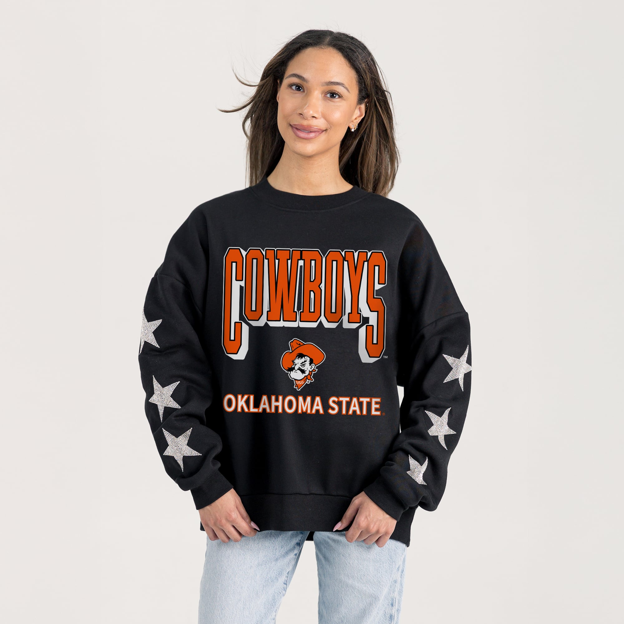 Women's Gameday Couture  Black Oklahoma State Cowboys Pure Victory Relaxed Rhinestone Pullover Sweatshirt