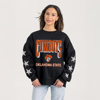 Women's Gameday Couture  Black Oklahoma State Cowboys Pure Victory Relaxed Rhinestone Pullover Sweatshirt