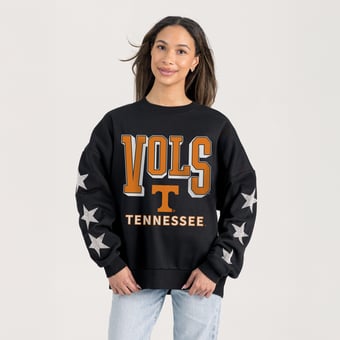 Women's Gameday Couture  Black Tennessee Volunteers Pure Victory Relaxed Rhinestone Pullover Sweatshirt
