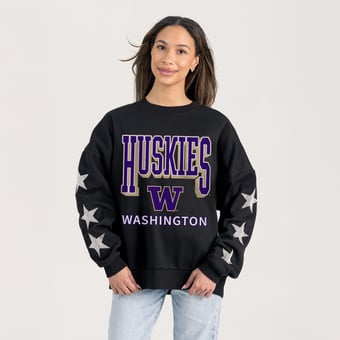 Women's Gameday Couture  Black Washington Huskies Pure Victory Relaxed Rhinestone Pullover Sweatshirt