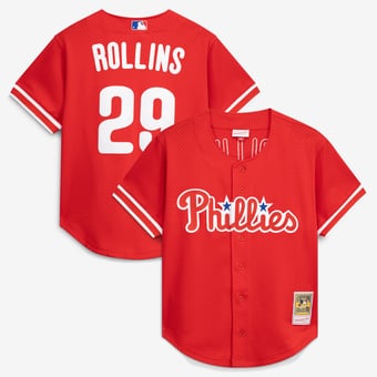 Men's Mitchell & Ness Jimmy Rollins Red Philadelphia Phillies Cooperstown Mesh Batting Practice Button-Up Jersey
