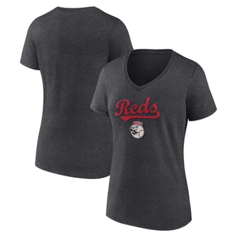 Women's Charcoal Cincinnati Reds Team Lockup V-Neck T-Shirt