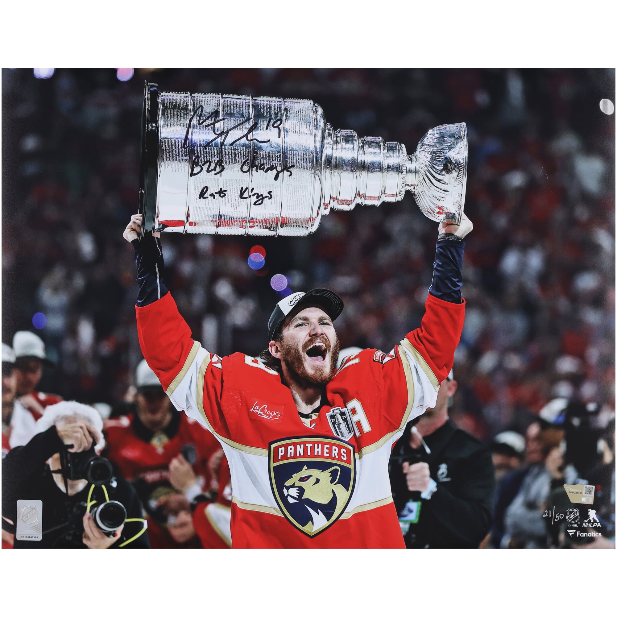 Matthew Tkachuk Florida Panthers Autographed 2025 Stanley Cup Champions 16" x 20" Raising Cup Photograph with Multiple Inscriptions - Limited Edition of 50