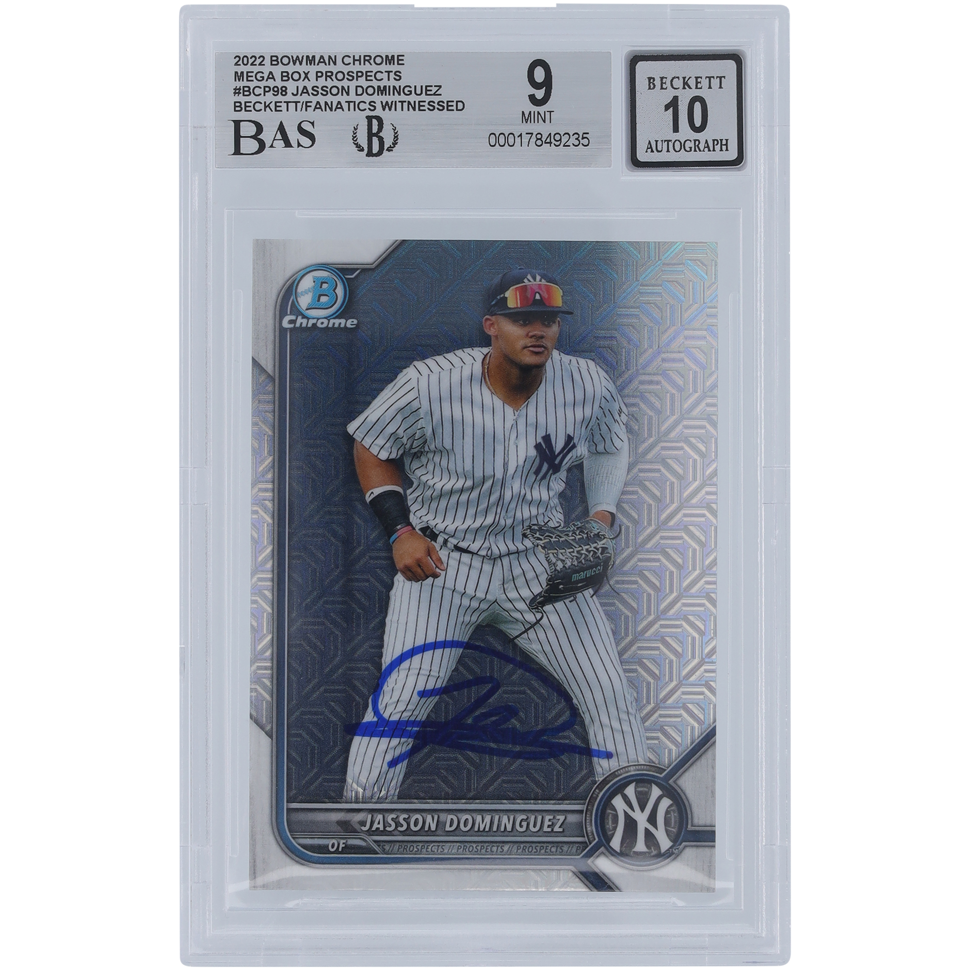 Jasson Domínguez New York Yankees Autographed 2022 Bowman Chrome Mega Box #BCP-98 Beckett Fanatics Witnessed Authenticated 9/10 Card Jasson Domínguez New York Yankees Autographed 2022 Bowman Chrome Mega Box #BCP-98 Beckett Fanatics Witnessed Authenticated 9/10 Card