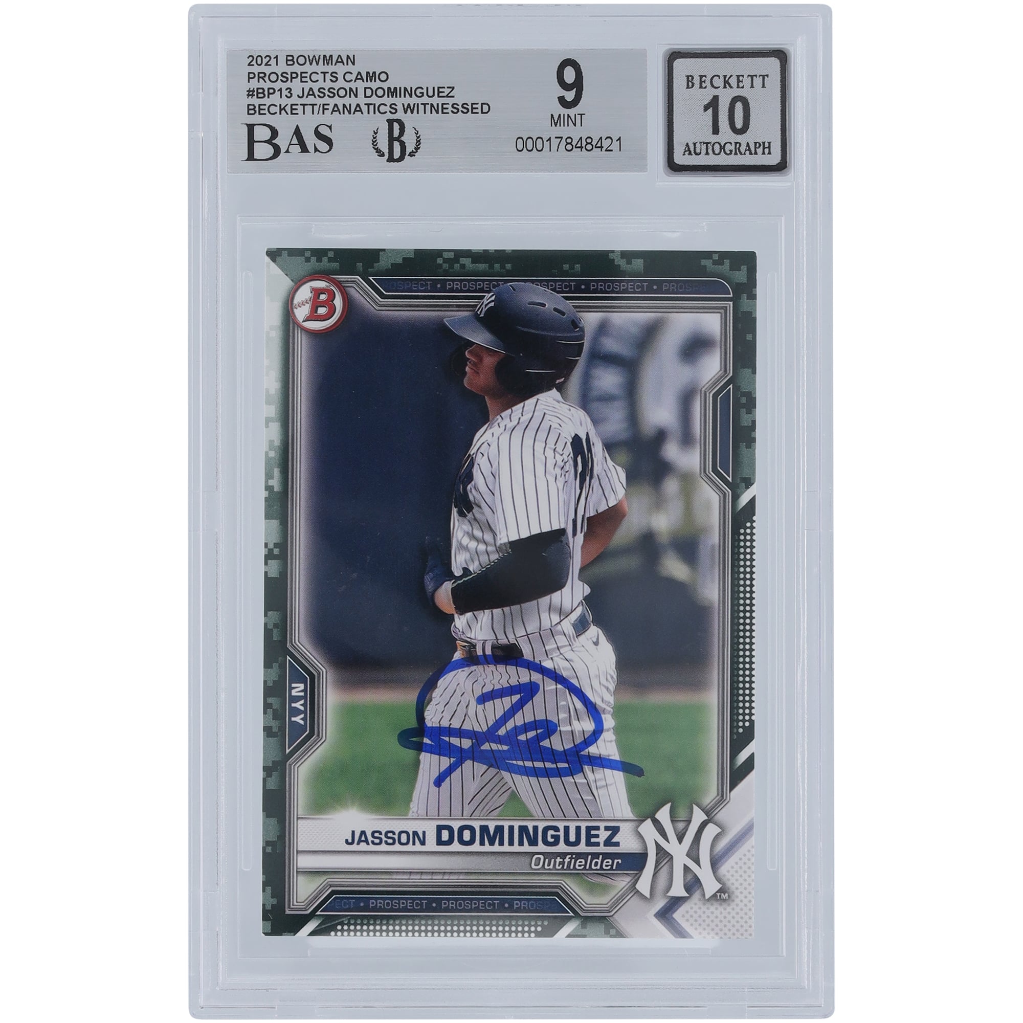 Jasson Domínguez New York Yankees Autographed 2021 Bowman Prospects Camo #BP-13 Beckett Fanatics Witnessed Authenticated 9/10 Card