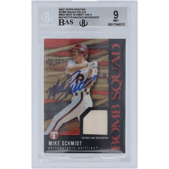 Mike Schmidt Philadelphia Phillies Autographed 2003 Topps Pristine Bomb Squad White Jersey Relic #PBS-MS2 Beckett Fanatics Witnessed Authenticated 9/10 Card