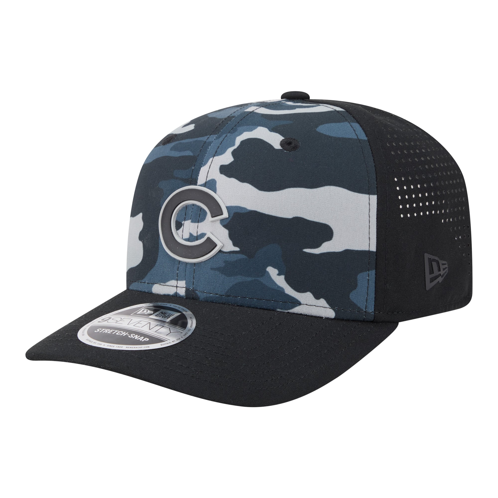 Men's New Era Black Chicago Cubs Tonal Camo 9SEVENTY Stretch-Snap Hat