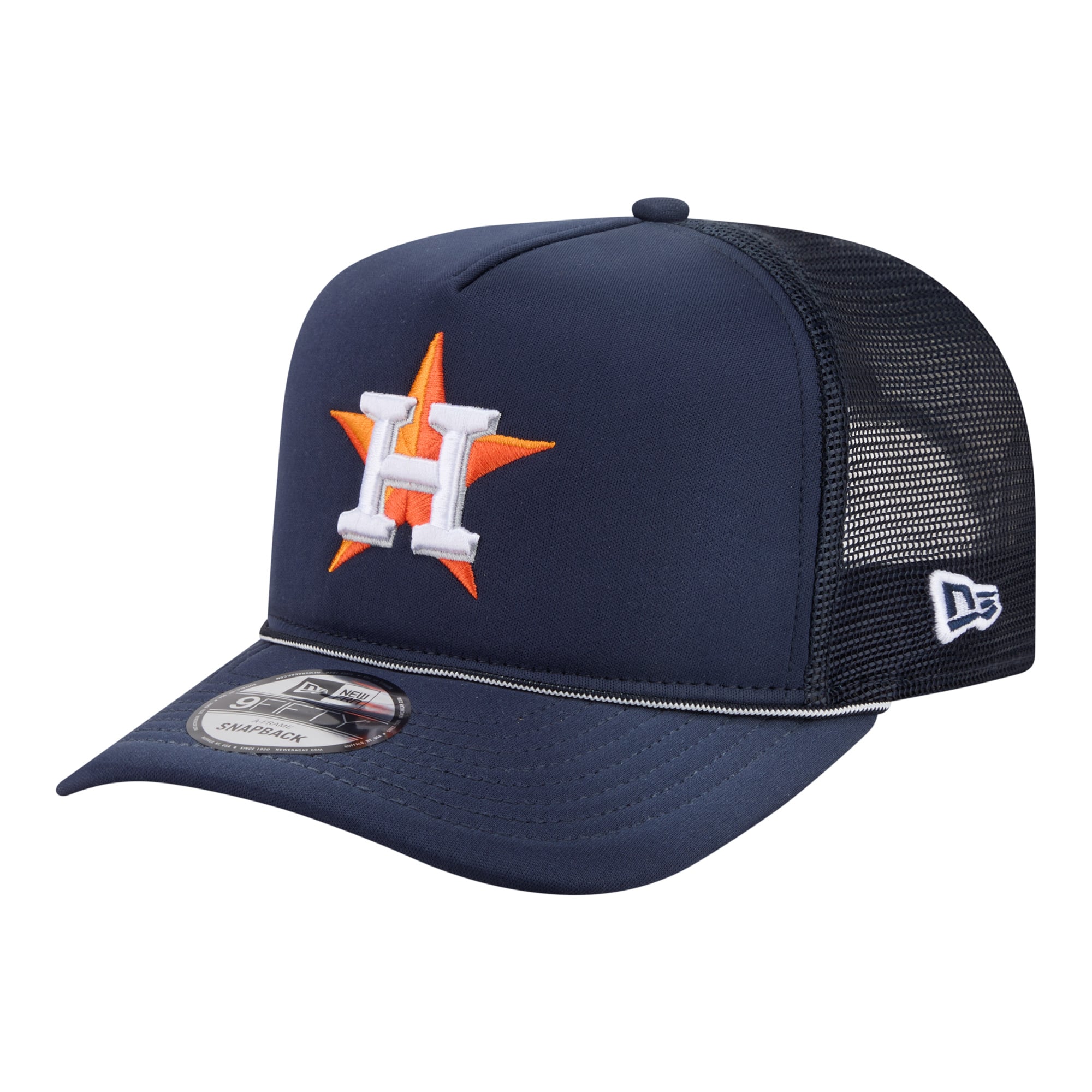Men's New Era  Navy Houston Astros Worn A-Frame 9FIFTY Trucker Snapback Hat