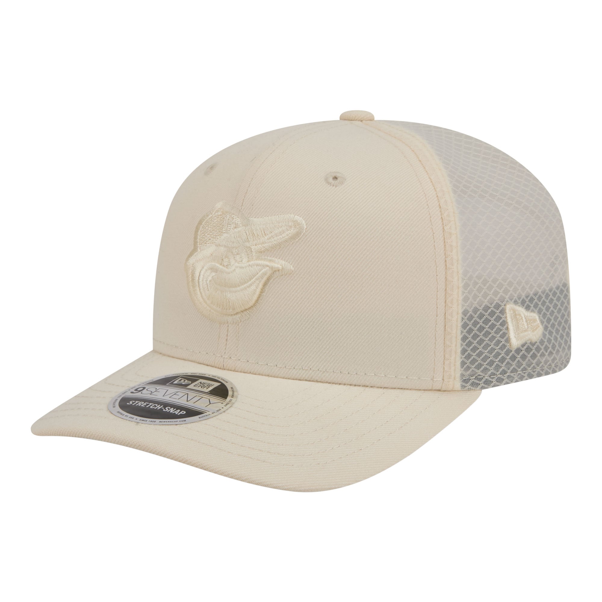 Men's New Era Light Beige Baltimore Orioles Color Pack COOLERA 9SEVENTY Trucker Adjustable Hat