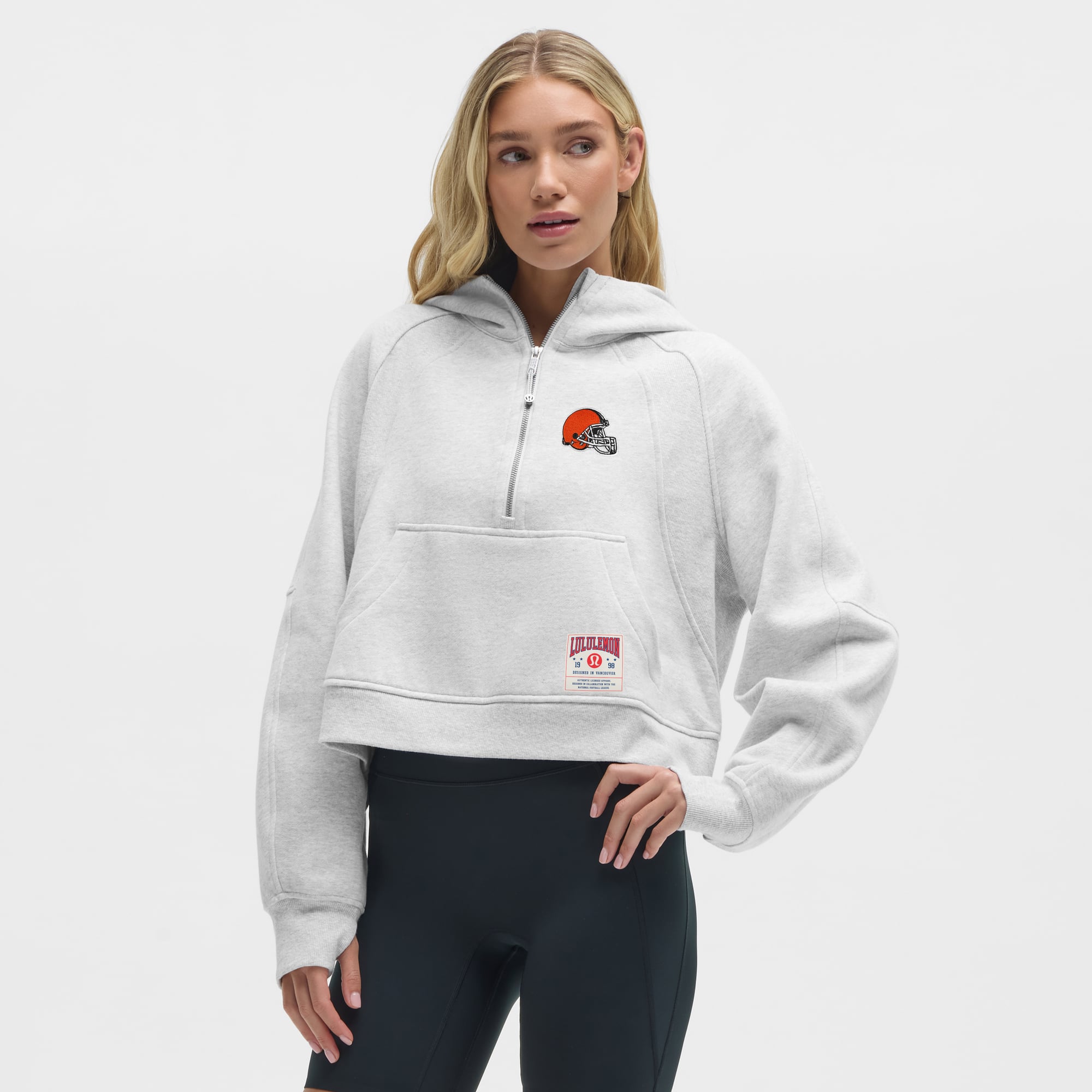 Damen-Kapuzenpullover mit halblangem Reißverschluss „Lululemon Heathered Core Ultra Light Grey Cleveland Browns Scuba“
