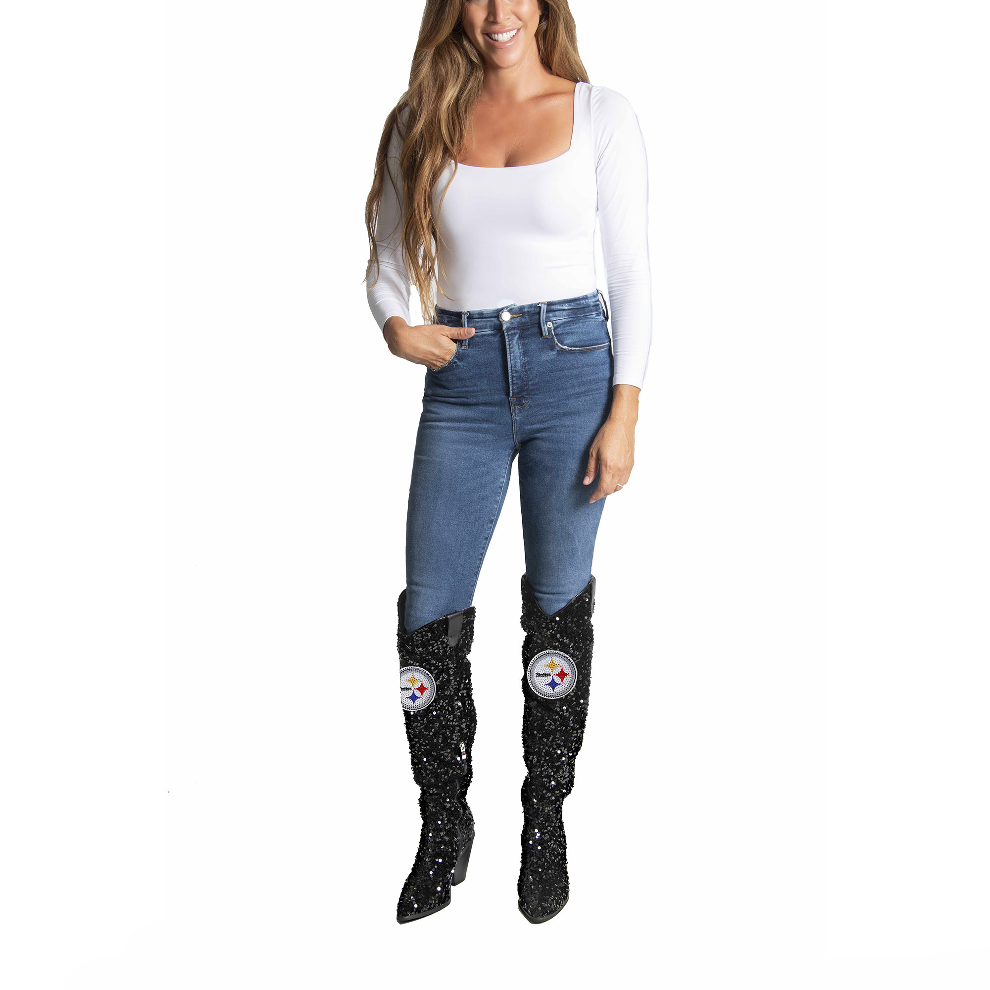 Women's FABGATING by Cuce Black Pittsburgh Steelers Over-the-Knee Sequin Boots