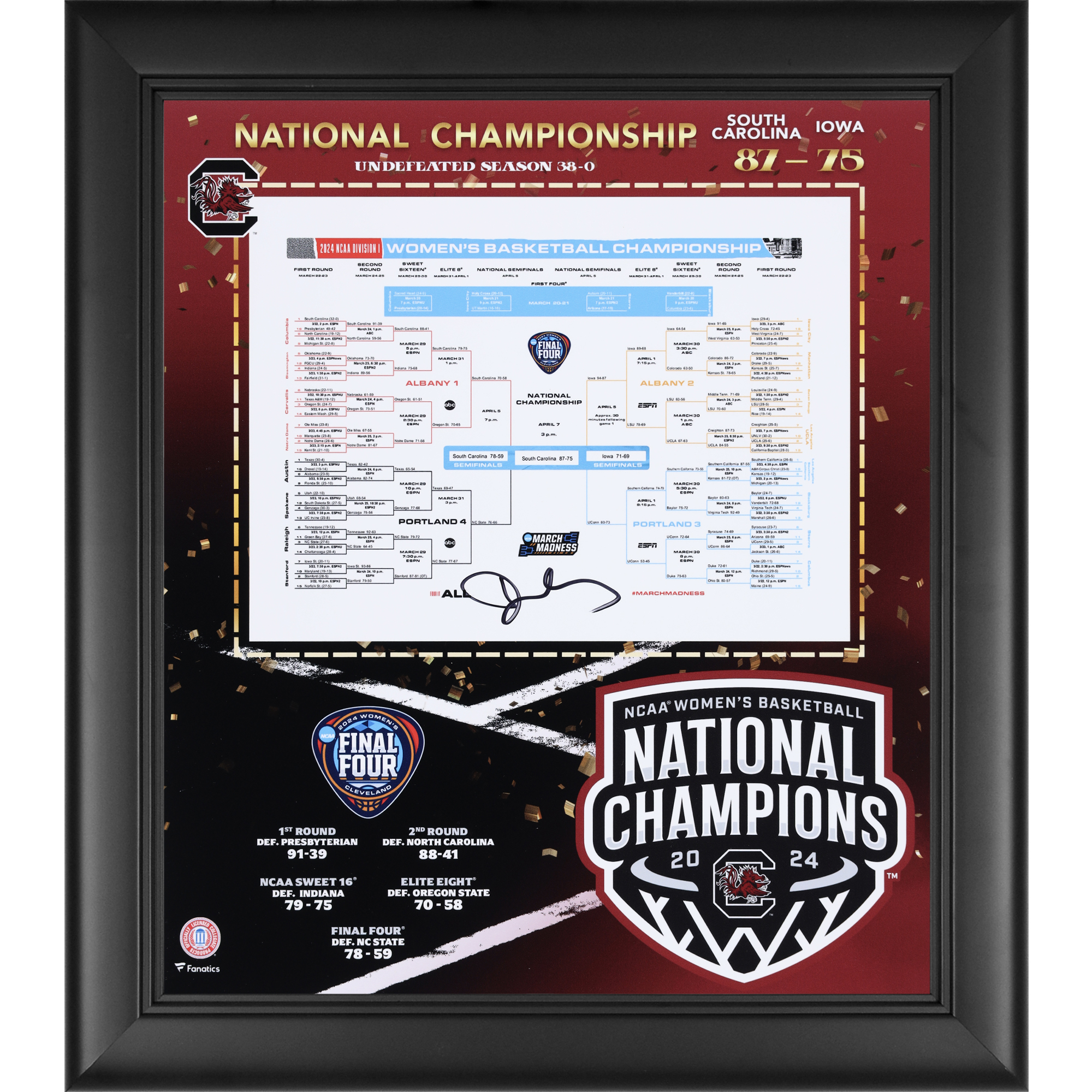 Dawn Staley South Carolina Gamecocks Autographed 2024 NCAA Women's Basketball National Champions Framed 15" x 17" Bracket Collage