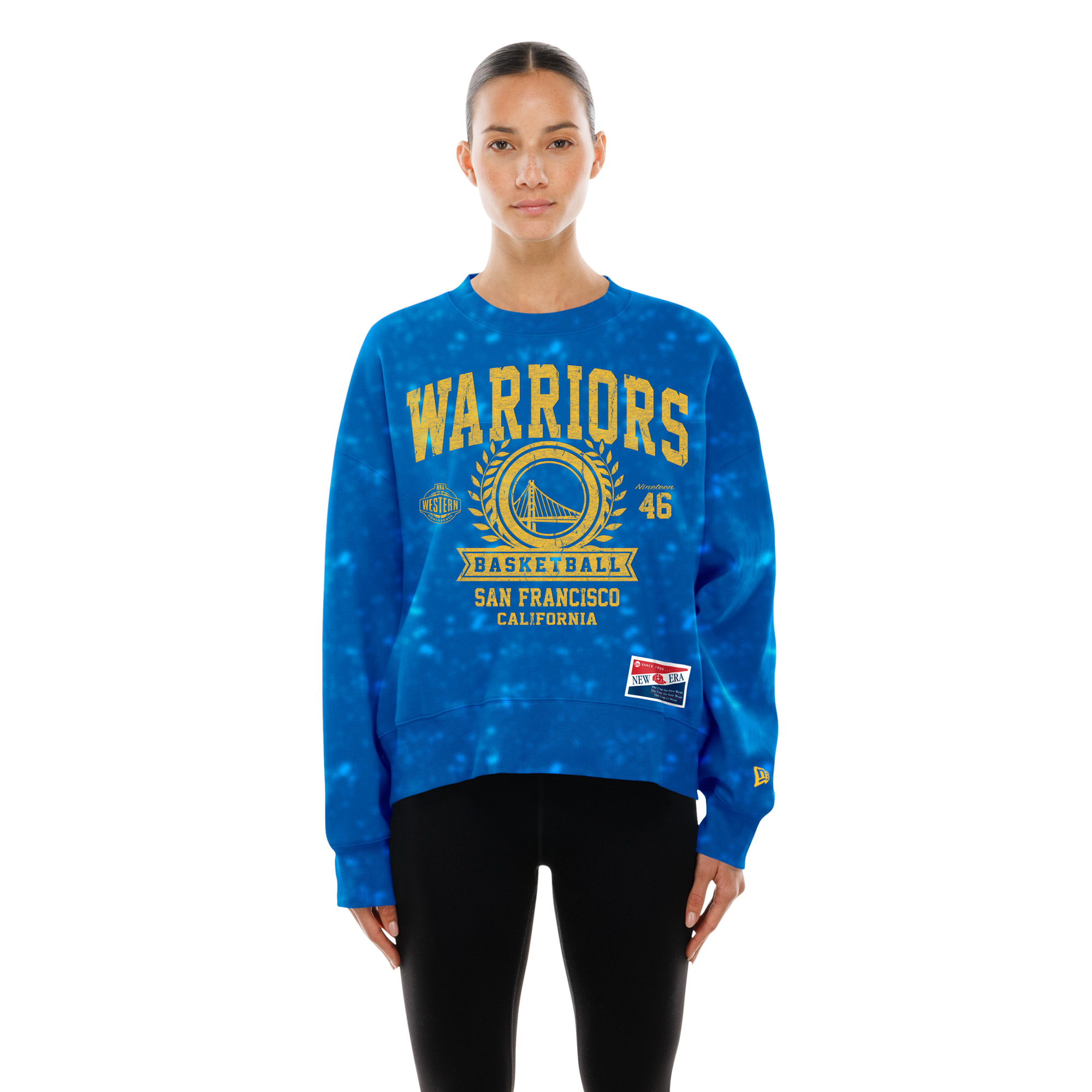 Women's New Era Royal Golden State Warriors Throwback Collection Mineral Wash Crewneck Sweatshirt