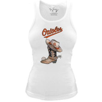 Women's Tiny Turnip White Baltimore Orioles Fitted Vintage Cowboy Boot Tri-Blend Tank Top