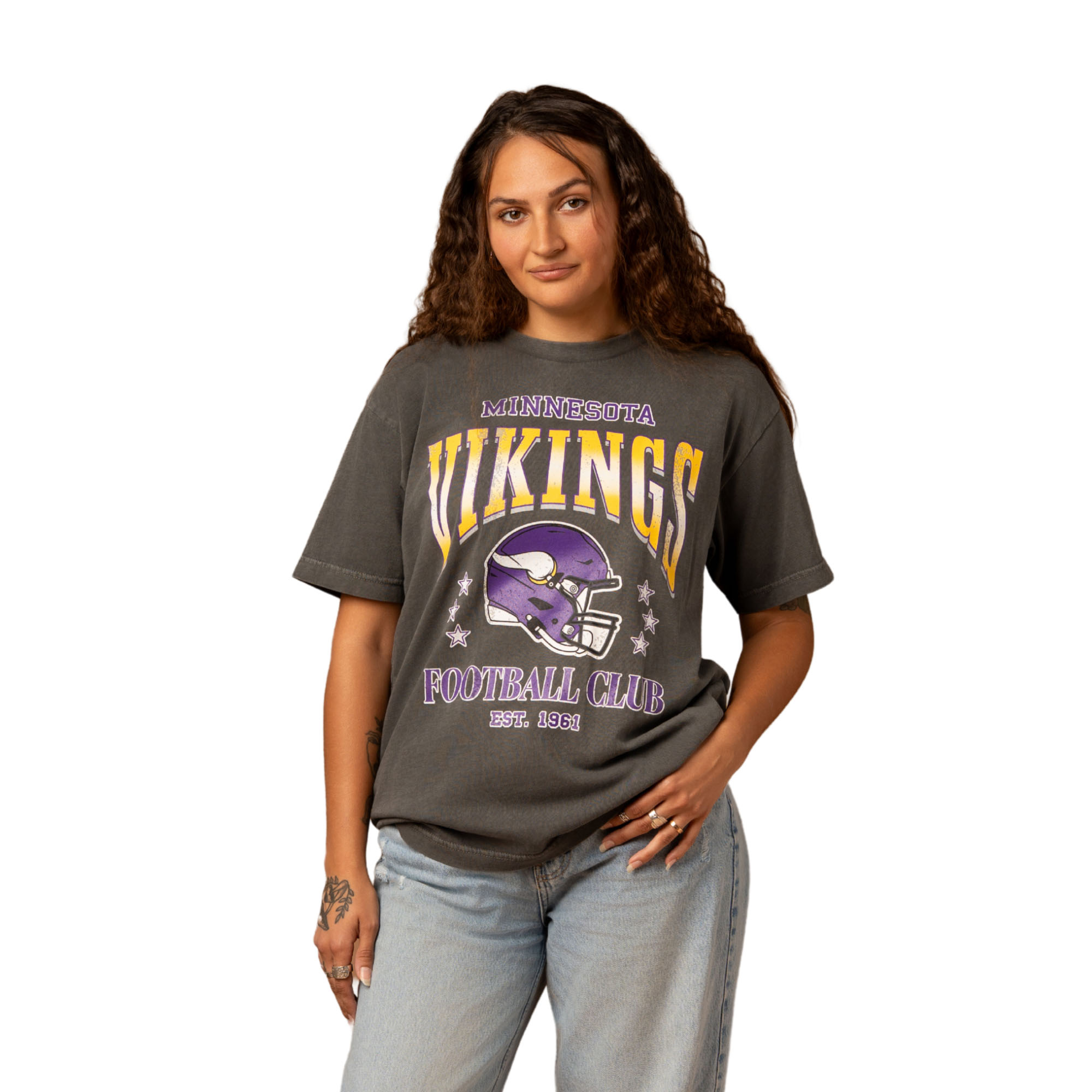 Women's Fan Girl Clothing Heather Black Minnesota Vikings Relaxed Vintage Football Club T-Shirt