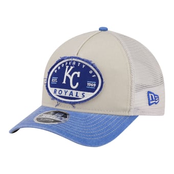 Men's New Era  Light Beige/Royal Kansas City Royals Frayed M-Crown A-Frame 9FORTY Trucker Adjustable Hat