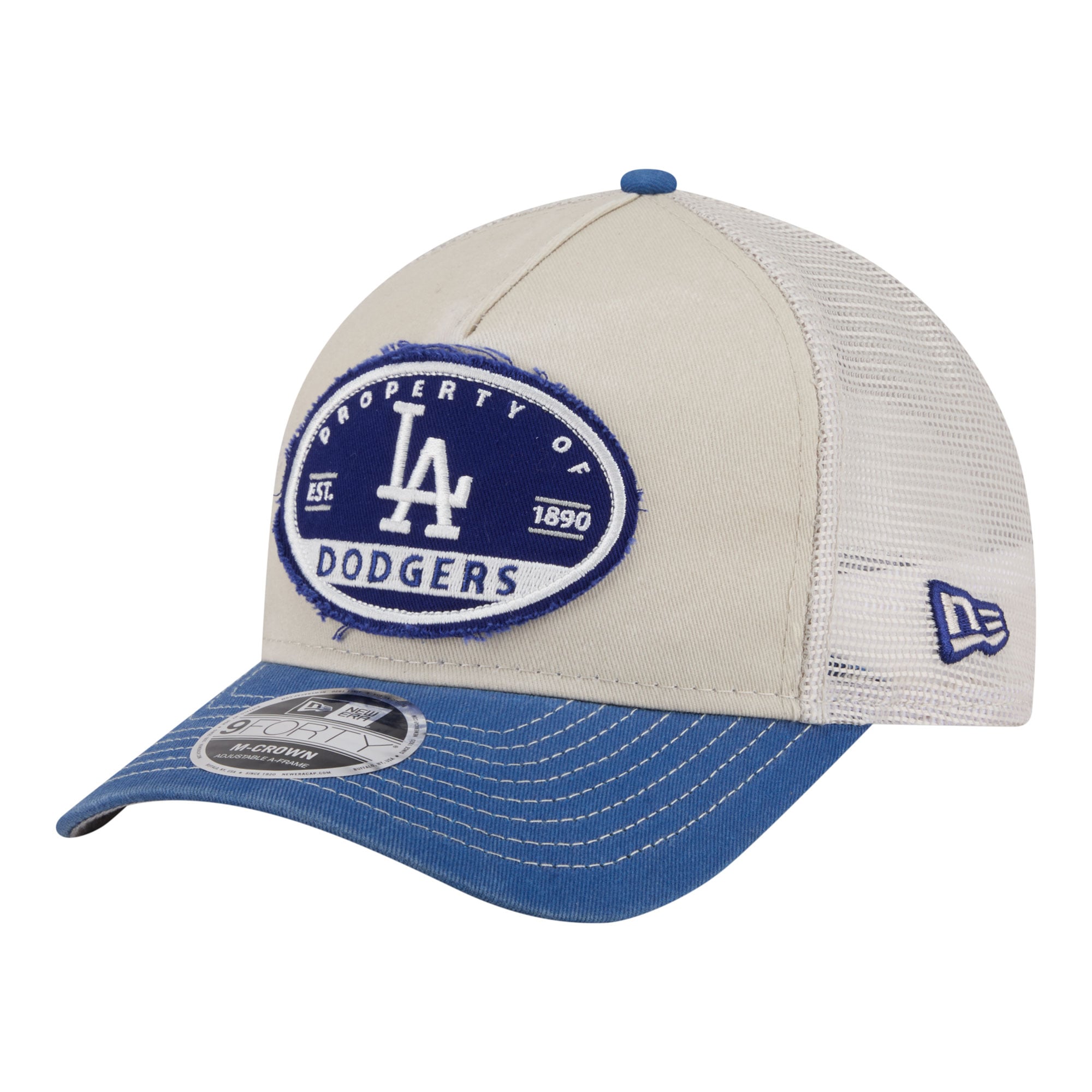 Men's New Era  Light Beige/Royal Los Angeles Dodgers Frayed M-Crown A-Frame 9FORTY Trucker Adjustable Hat