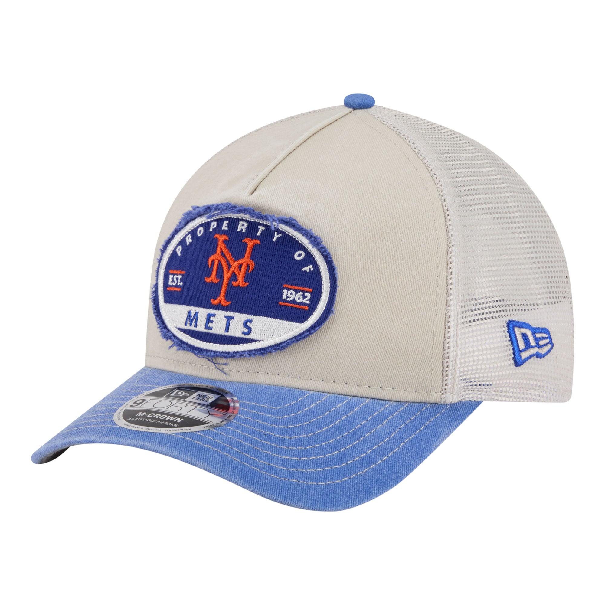 Men's New Era  Light Beige/Royal New York Mets Frayed M-Crown A-Frame 9FORTY Trucker Adjustable Hat