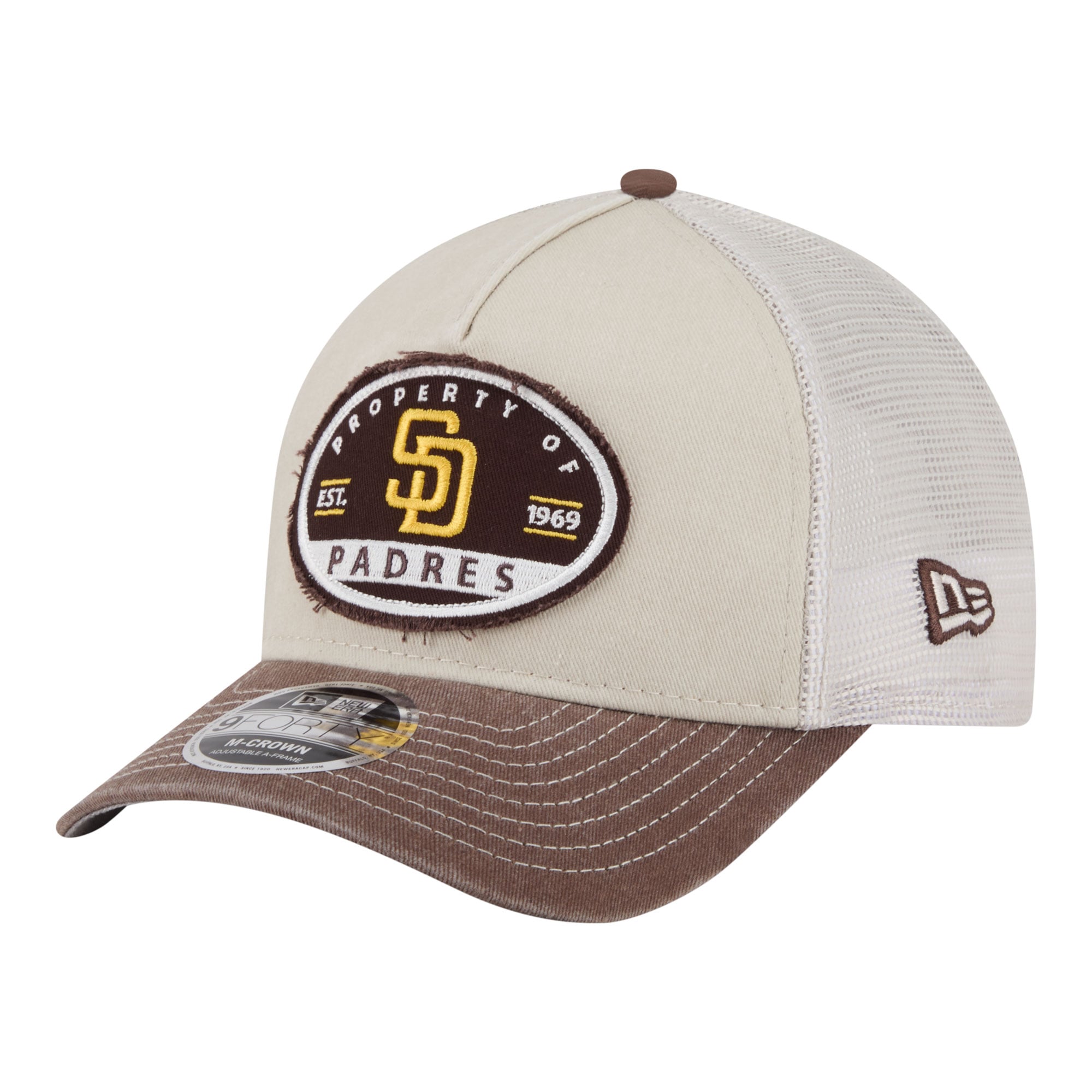 Men's New Era  Light Beige/Brown San Diego Padres Frayed M-Crown A-Frame 9FORTY Trucker Adjustable Hat
