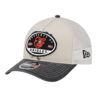 Men's New Era  Light Beige/Black Baltimore Orioles Frayed M-Crown A-Frame 9FORTY Trucker Adjustable Hat