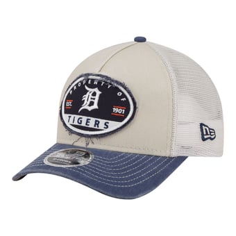 Men's New Era  Light Beige/Navy Detroit Tigers Frayed M-Crown A-Frame 9FORTY Trucker Adjustable Hat
