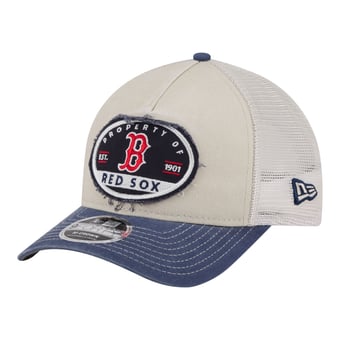 Men's New Era  Light Beige/Navy Boston Red Sox Frayed M-Crown A-Frame 9FORTY Trucker Adjustable Hat