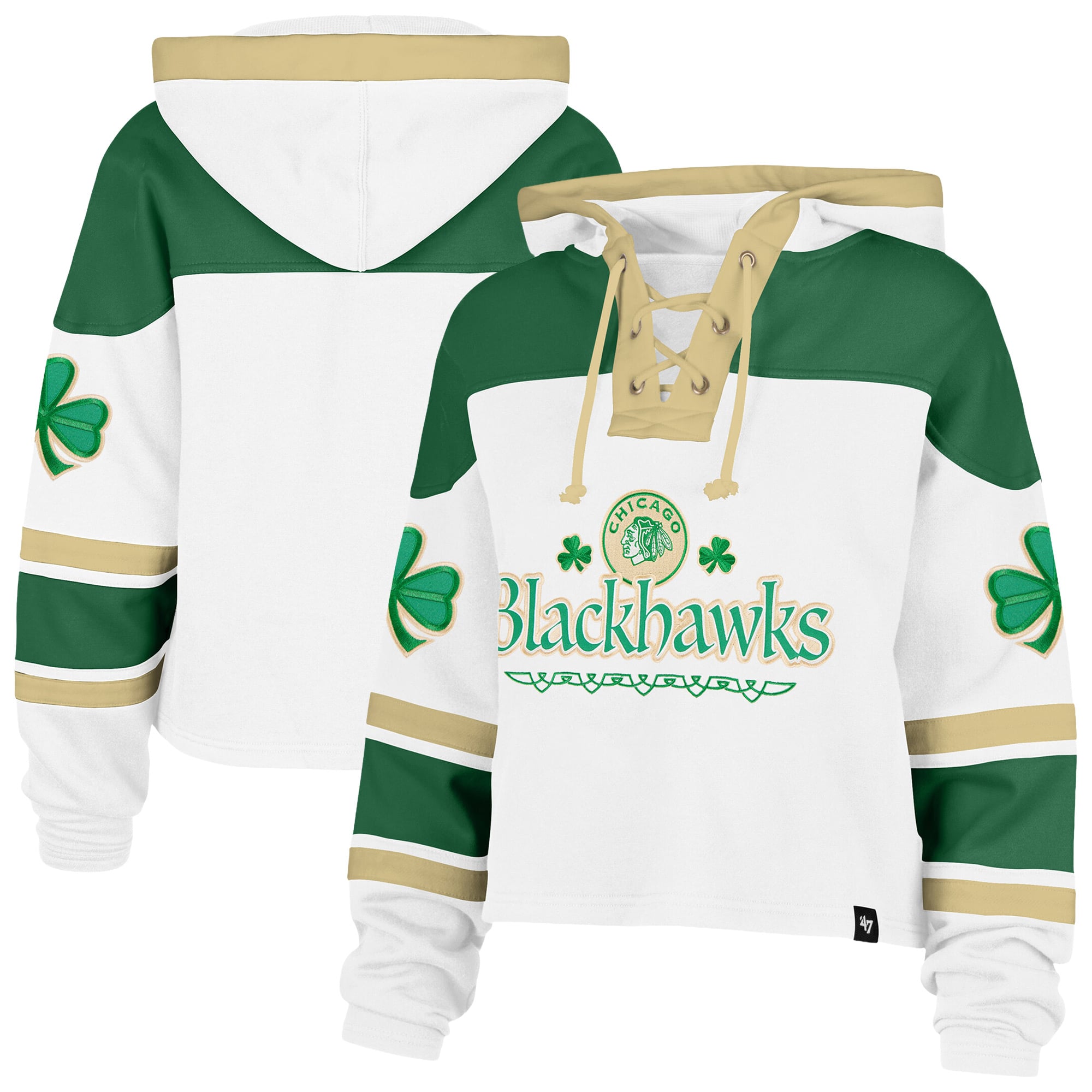 Women's '47 White Chicago Blackhawks McLucky Cropped Lacer Hoodie
