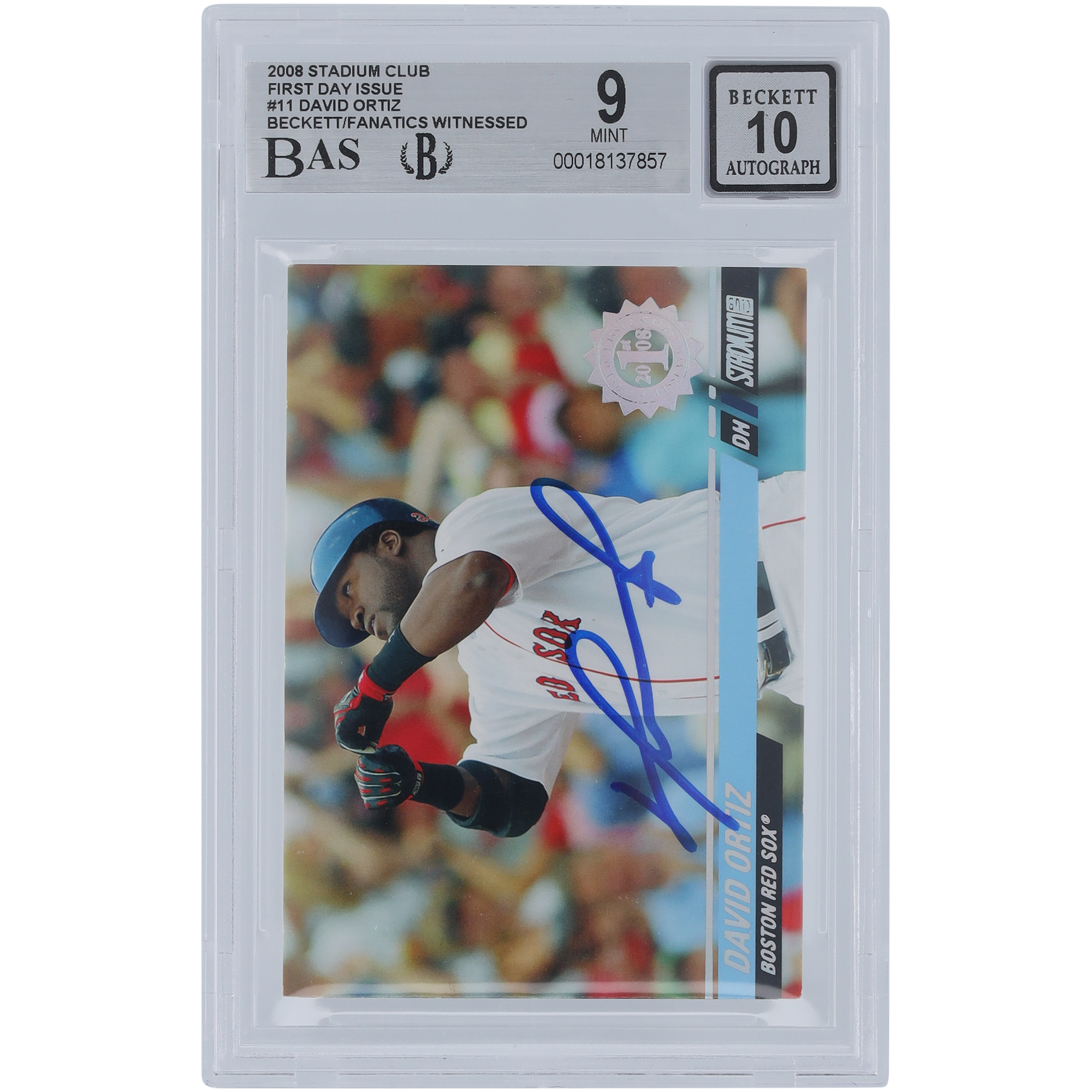 David Ortiz Boston Red Sox Autographed 2008 Topps Stadium Club First Day Issue #11 #/599 Beckett Fanatics Witnessed Authenticated 9/10 Card