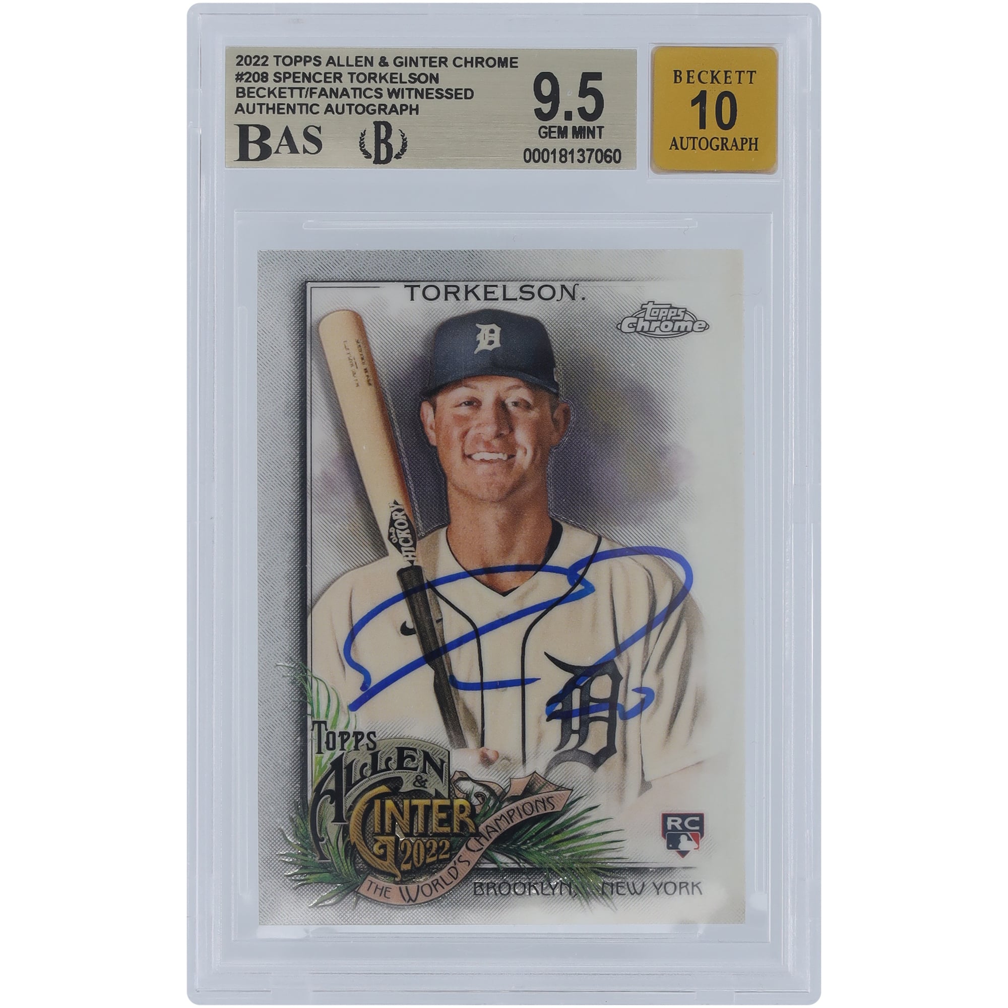Spencer Torkelson Detroit Tigers Autographed 2022 Topps Allen & Ginter Chrome #208 Beckett Fanatics Witnessed Authenticated 9.5/10 Rookie Card. rookie card picture