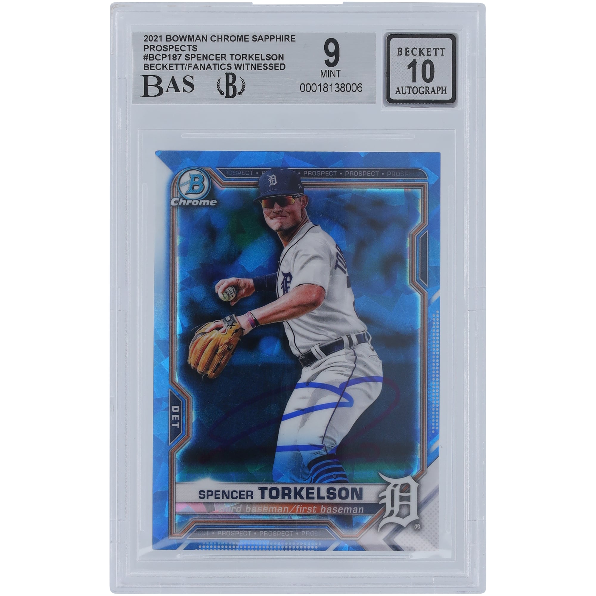 Spencer Torkelson Detroit Tigers Autographed 2021 Bowman Chrome Sapphire Prospects #BCP-187 Beckett Fanatics Witnessed Authenticated 9/10 Card